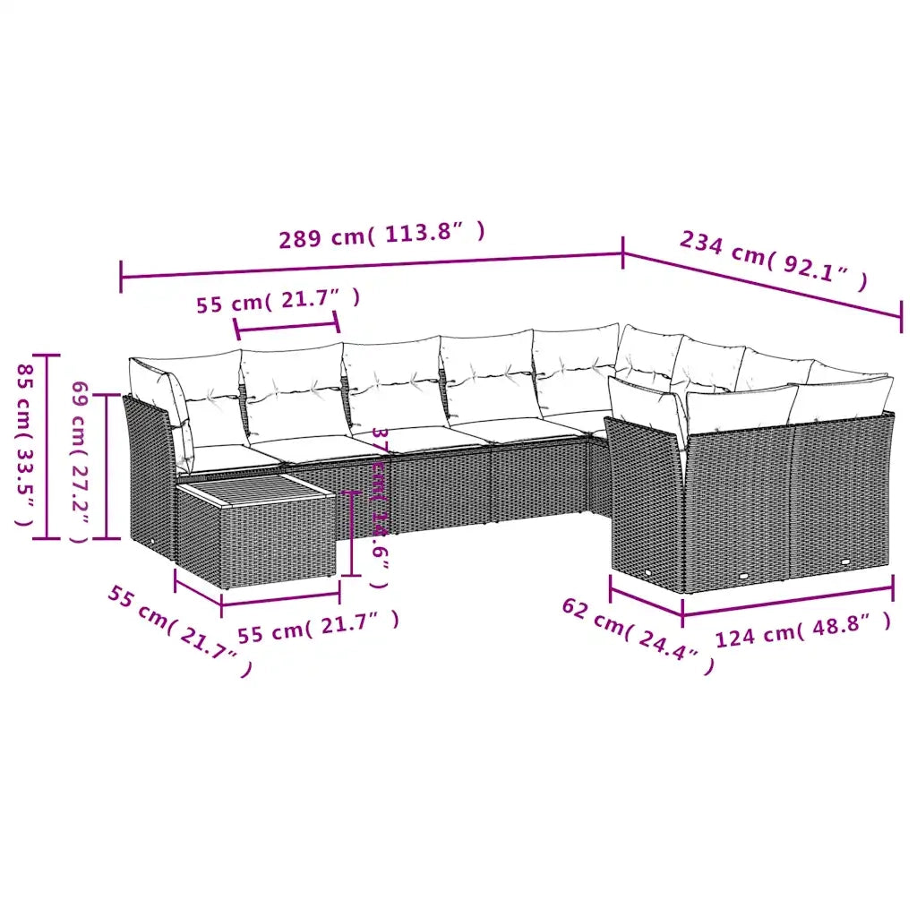 Set Divani da Giardino 10 pz con Cuscini Grigio in Polyrattan 3256159