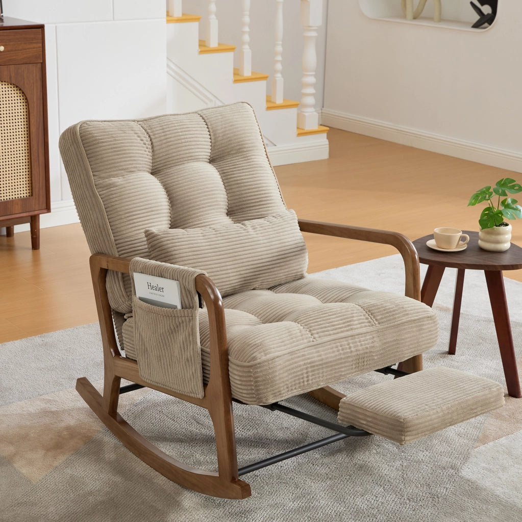 Poltrona a dondolo con poggiapiedi; schienale reclinabile a 3 posizioni; 70x80x92 cm; in corduroy kaki