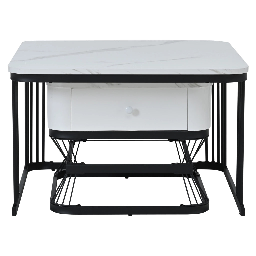 Set di tavolini da caffè 70x70x45 cm + 50x50x40 cm; piano effetto marmo; MDF e metallo; bianco e nero