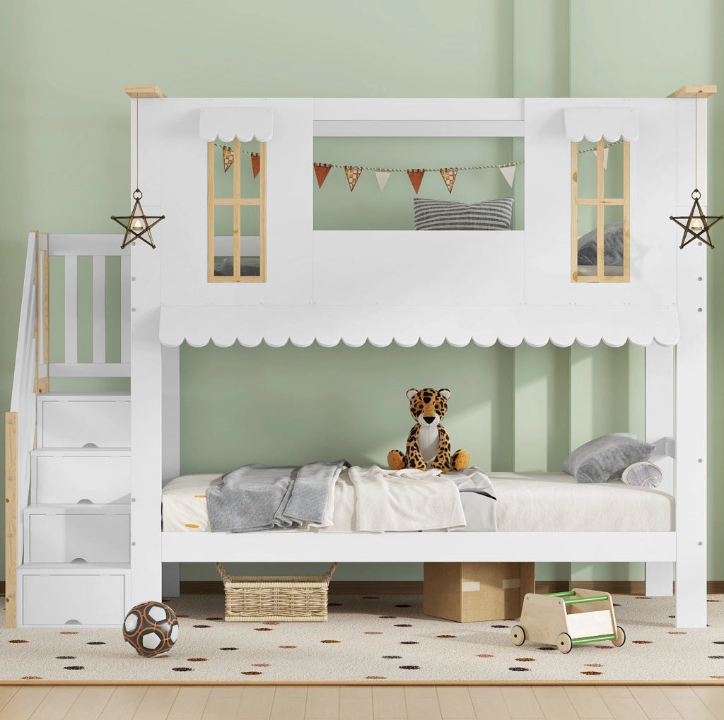Letto a castello per bambini 90x200 cm bianco e naturale con scala contenitore