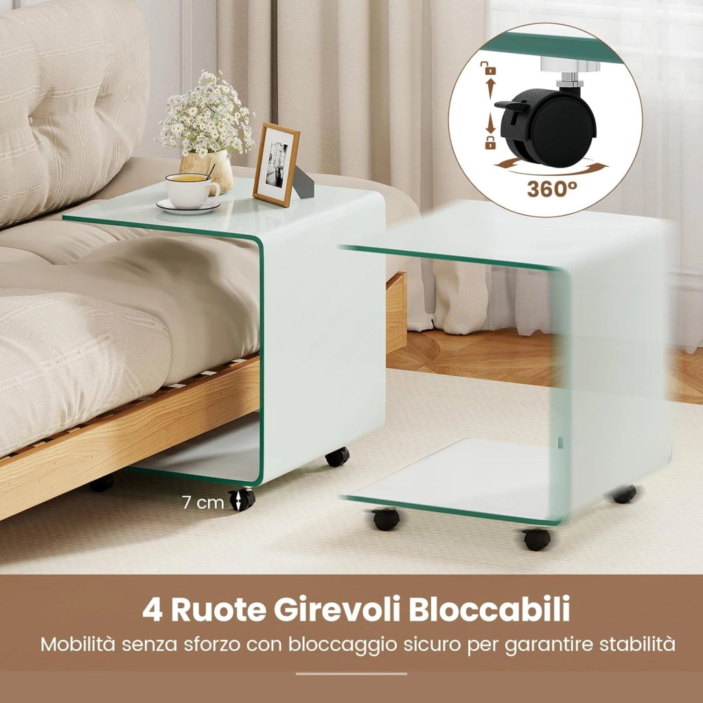 Tavolo Moderno in Vetro Temperato con 2 Ripiani, Tavolino Laterale a C per Divano con 4 Ruote Blocccabili, Tavolo Versatile per Soggiorno, Camera da Letto e Bagno (Bianco)