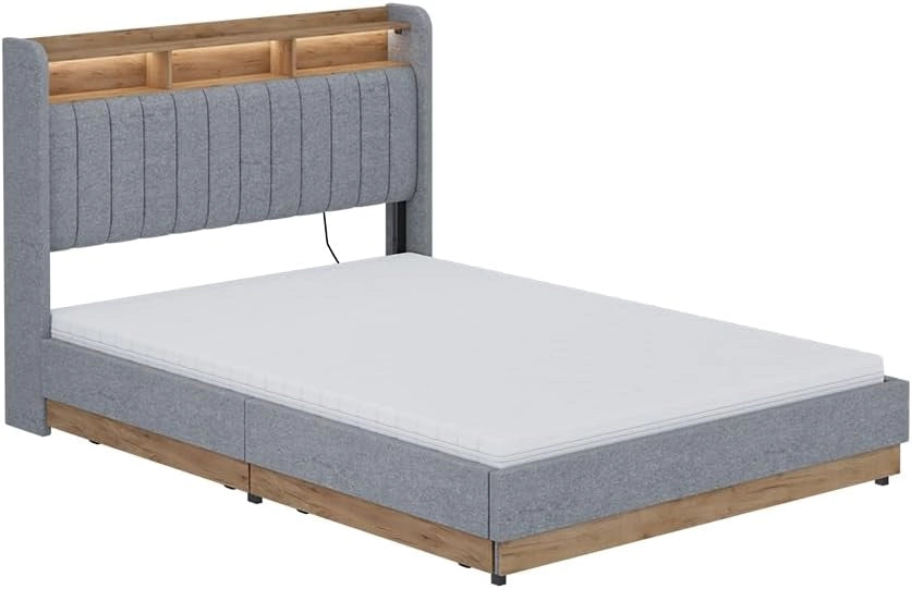 Letto imbottito Nura, Grigio/quercia, 140x200 cm con 4 cassetticon materasso, con porta di ricarica USB, illuminazione a LED e telecomando