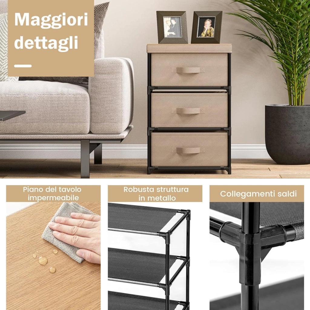 Cassettiera in Tessuto, Mobile con 3 Cassetti e Struttura Robusta in Metallo, Armadio per Camera da Letto, Soggiorno, Ingresso, 40 x 30 x 62 cm (Caffè)