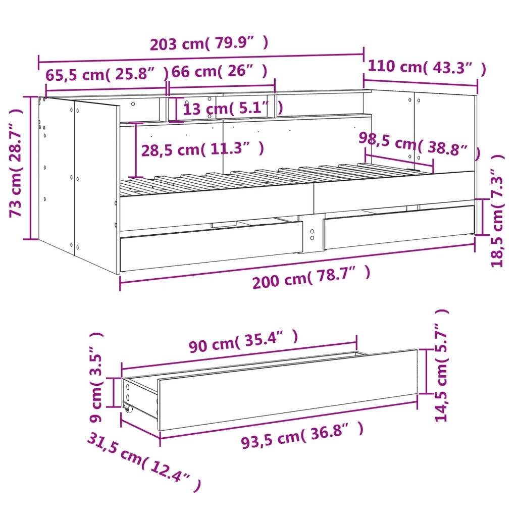 Divano Letto con Cassetti senza Materasso 100x200 cm 3280842