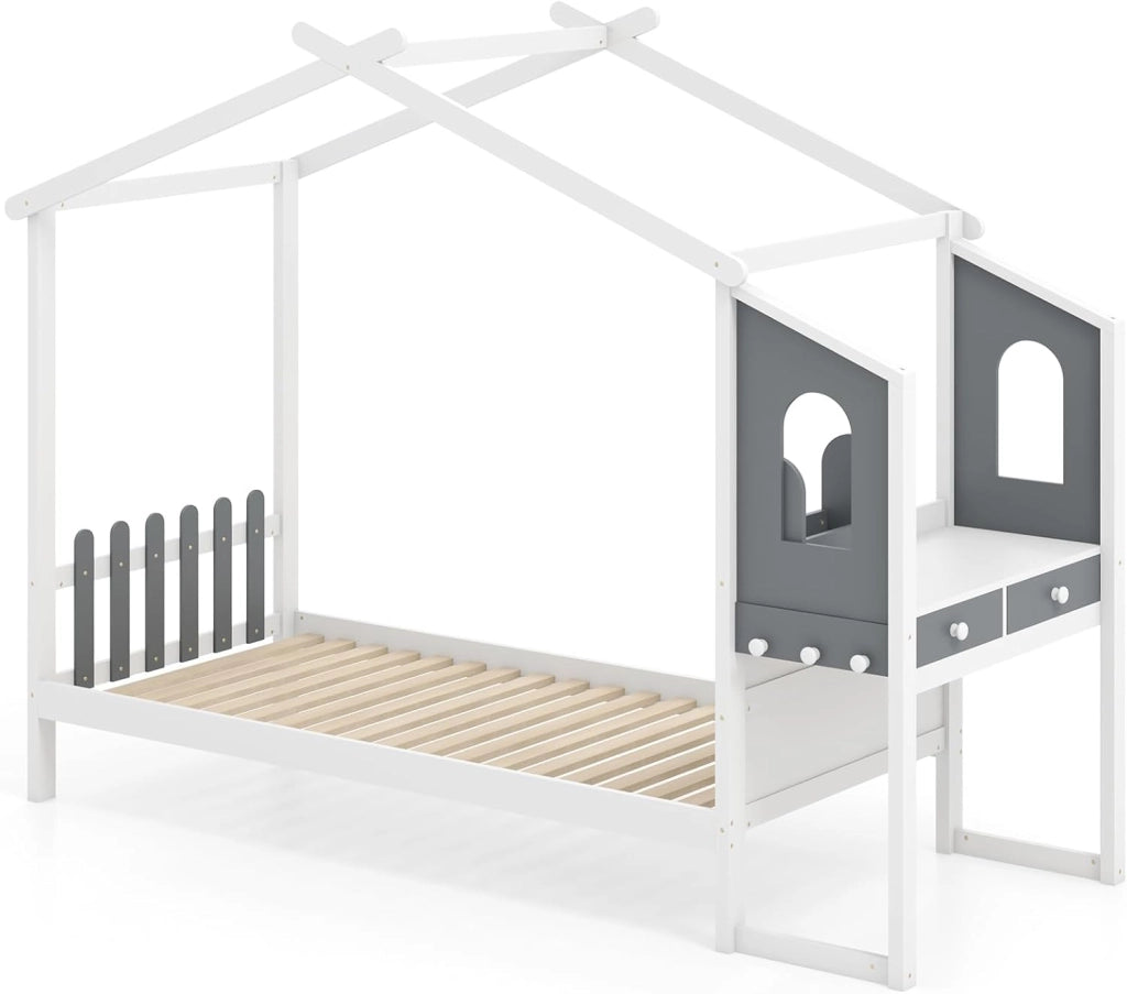 Telaio per letto a forma di casa con scrivania, letto capanna per bambini con vassoio rimovibile, cassetti, ganci, doghe in legno, per ragazzi e ragazze, nessuna rete necessaria (90 x 200 cm)