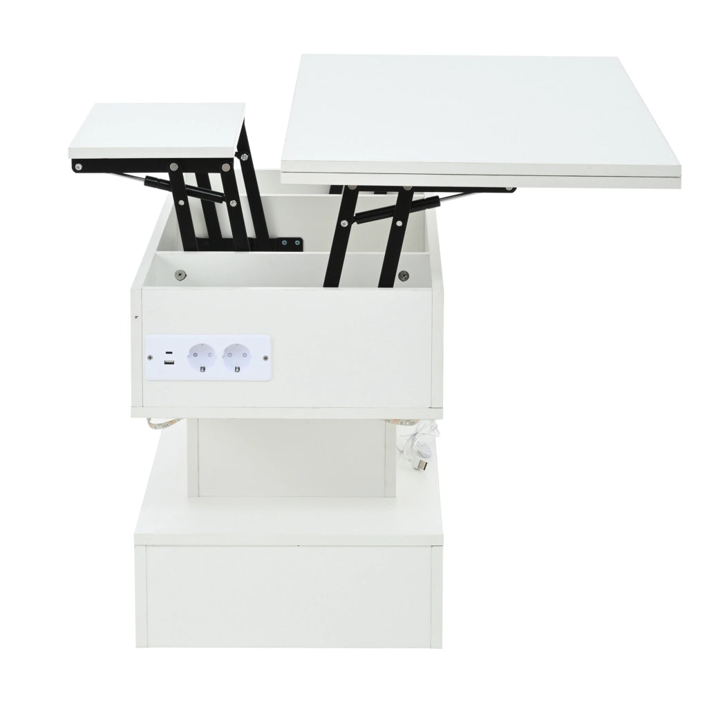 Tavolino elevabile bianco con LED, prese integrate e vano contenitore