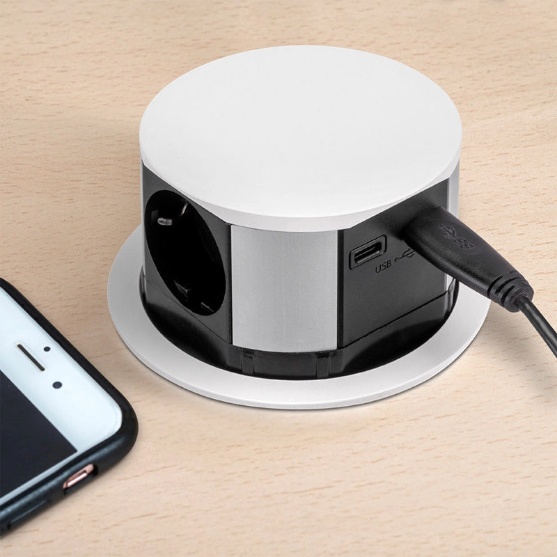 Multiconnettore Vertikal Push diametro 100mm, 3 spine di tipo Schuko, 1 USB tipo A, 1 USB tipo C, Acciaio e Tecnoplast..