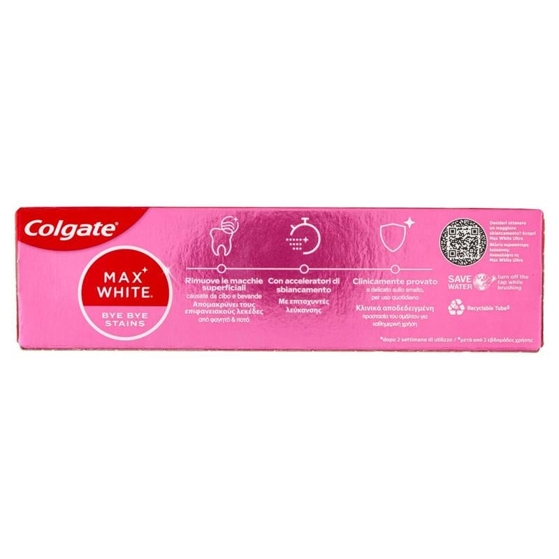 COLGATE DENTIFRICIO MAX WHITE ADDIO MACCHIE SICURO SULLO SMALTO RIMUOVE FINO IL 100% DELLE MACCHIE 75ML