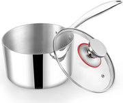 Piatto in acciaio inossidabile a 3 strati, 18 cm, per tutti i fornelli, compresi quelli ad induzione, con coperchio in vetro e capacità di 2,4 l, lavastoviglie.