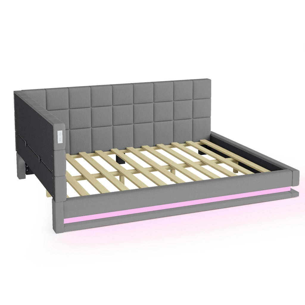 Letto imbottito matrimoniale 140×200 cm con LED; USB e rete a doghe; senza materasso; grigio