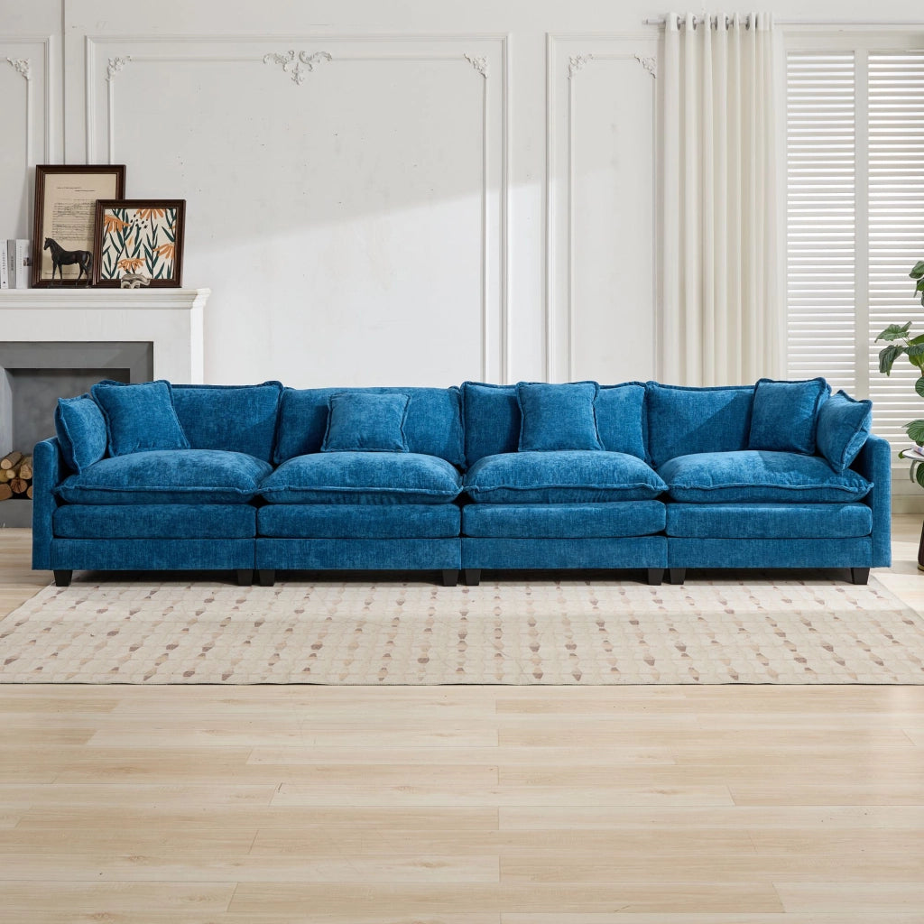 Divano modulare 4 posti con cuscini ergonomici e seduta imbottita in tessuto chenille blu 75 × 380 × 84 cm