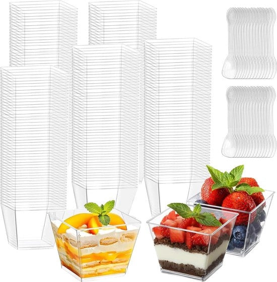 Pacco di 100 bicchieri di plastica per dessert - 100ml - trasparente - riutilizzabile per pudding - gelato - mousse - compleanni - matrimoni