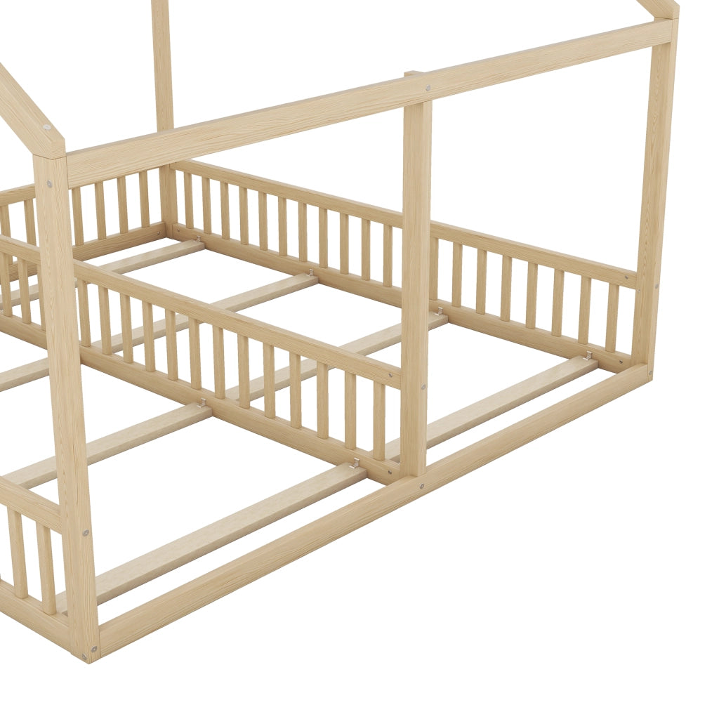 OKWISH Letto a casetta 90×200 cm, Letto 2 Posti con Sponde di Sicurezza e Separatore Centrale, senza Materasso, in Pino, Naturale