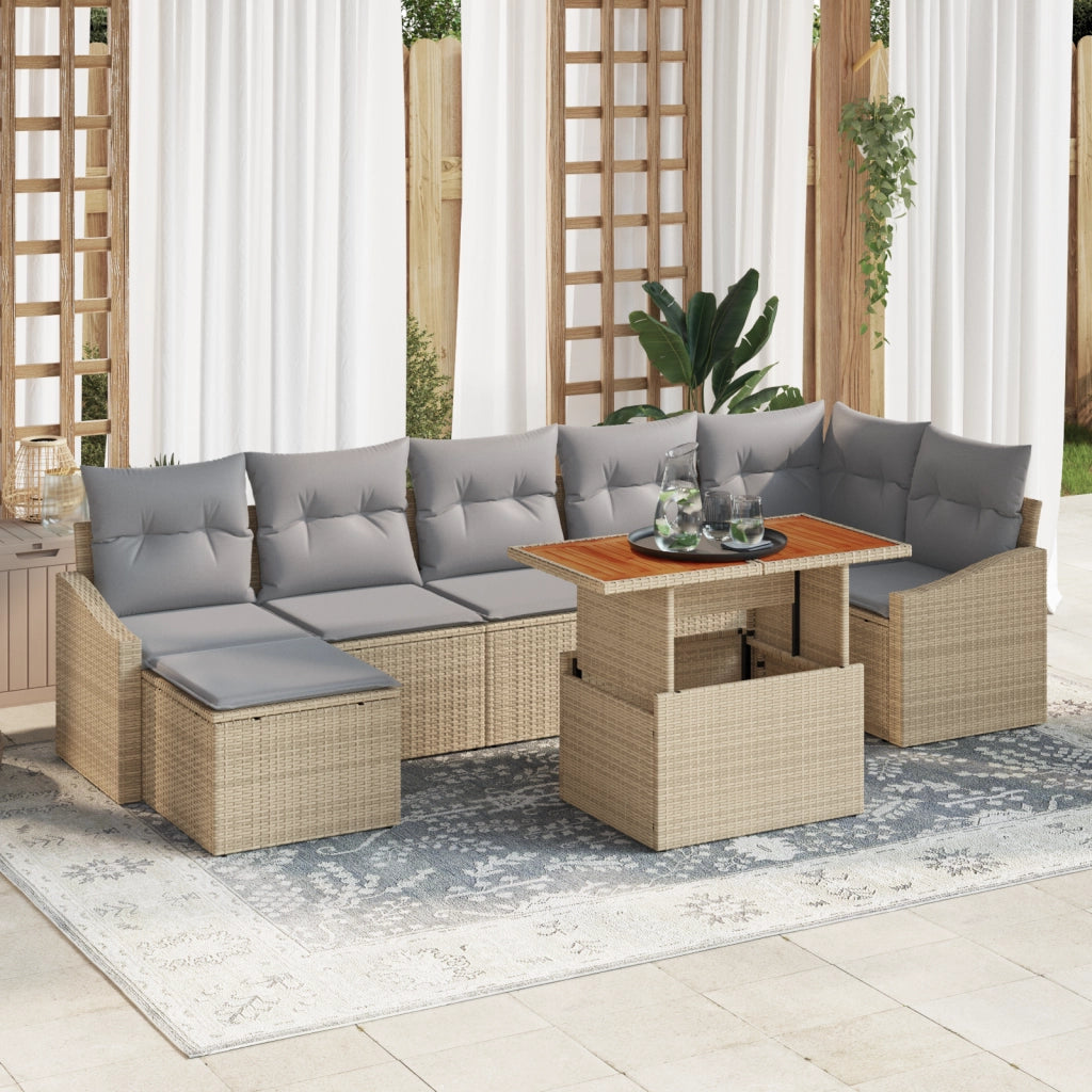 Set da Pranzo da Giardino 8 Pezzi con Cuscini Beige Polyrattan Acacia