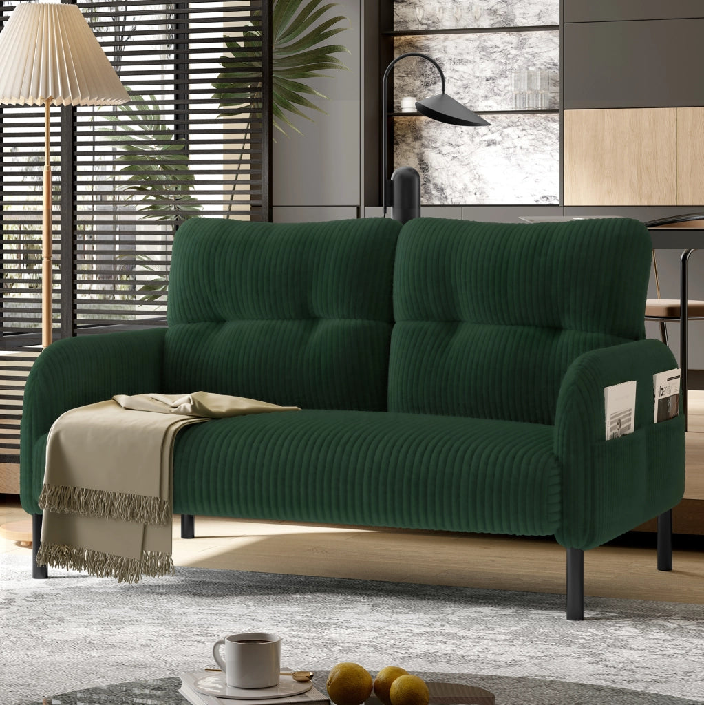 Divano 2 posti 120x75x79 cm con tasca laterale e schienale ergonomico in corduroy verde smeraldo