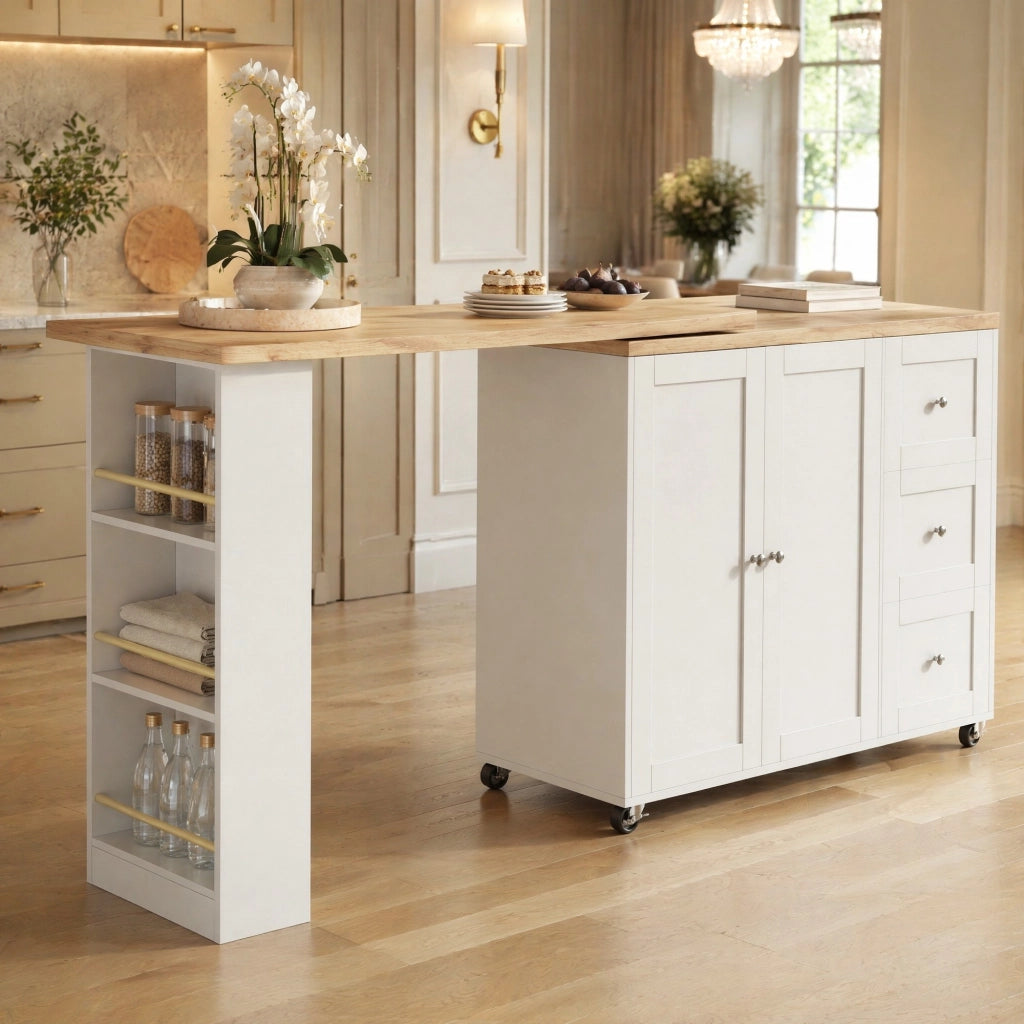 Mobile Bar con 2 Ante; 3 Cassetti e 3 Ripiani; Girevole a 360° con Ruote; per Cucina; Bianco