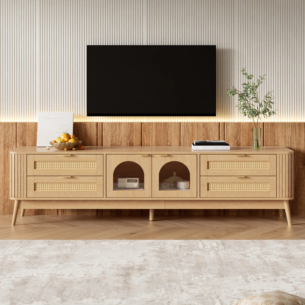 Mobile porta TV con 4 cassetti, 2 ante in vetro temperato, LED con app, in truciolare, naturale, 180 × 40 × 50 cm