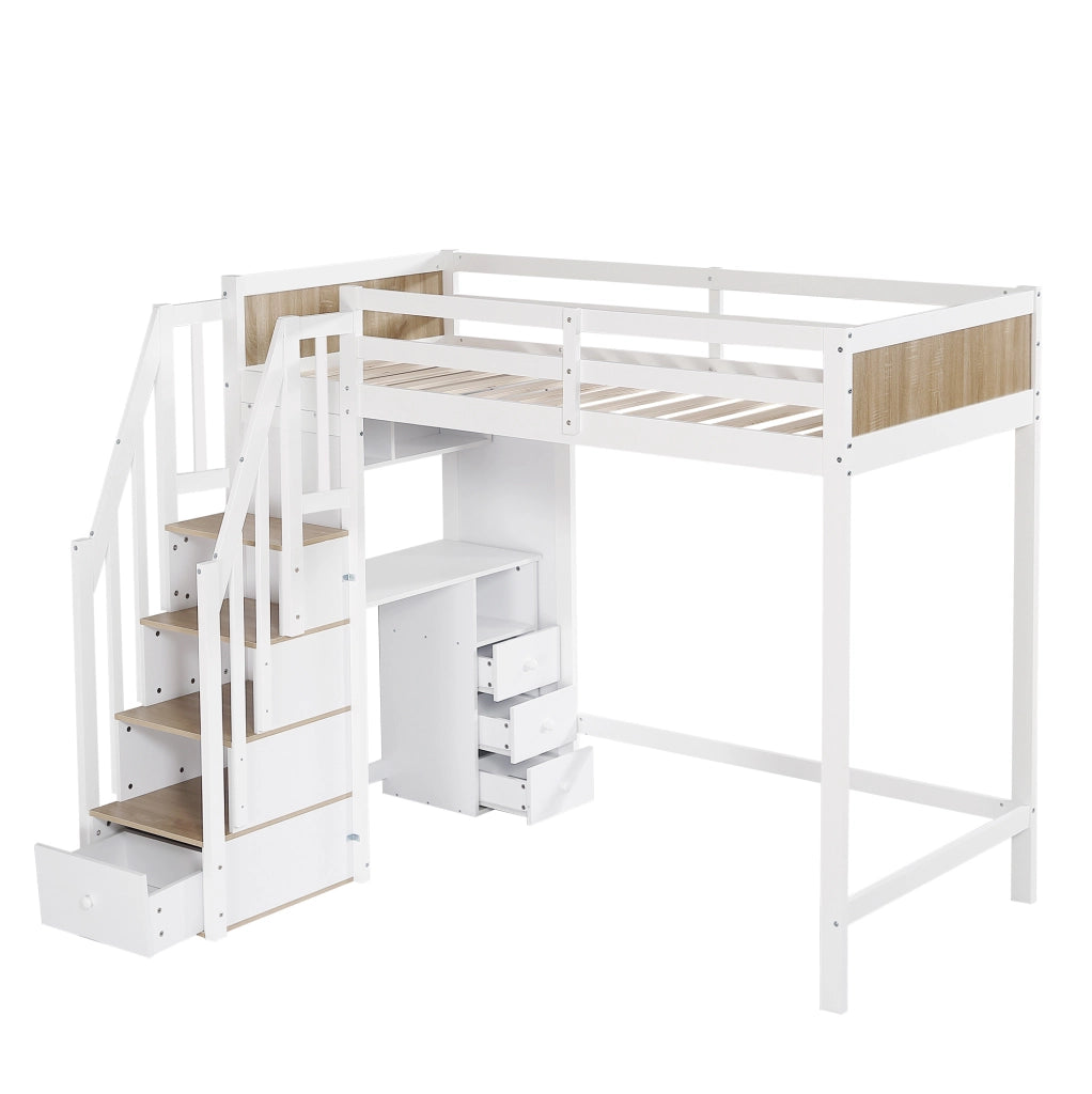 Letto a castello 90x200 cm bianco e naturale, legno e MDF con scrivania e 3 cassetti