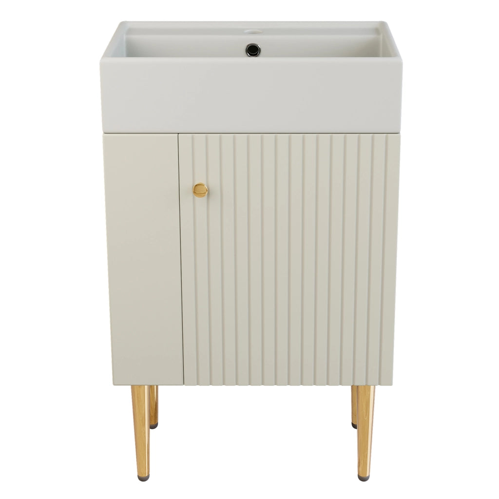 Mobile bagno compatto da terra con lavabo in ceramica bianco, contenitore e ripiani laterali
