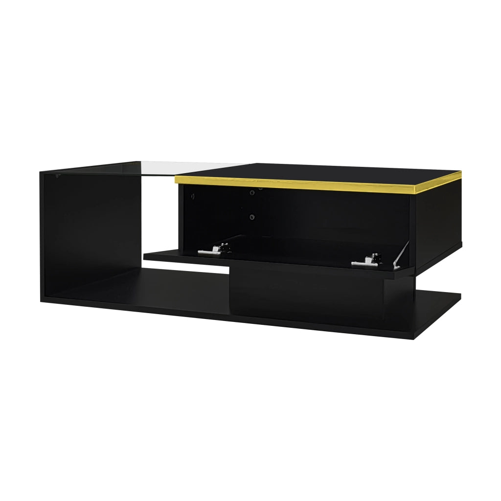 Tavolino da caffè 90x50x32.5 cm; piano in vetro con LED a 16 colori; pannello truciolare nero