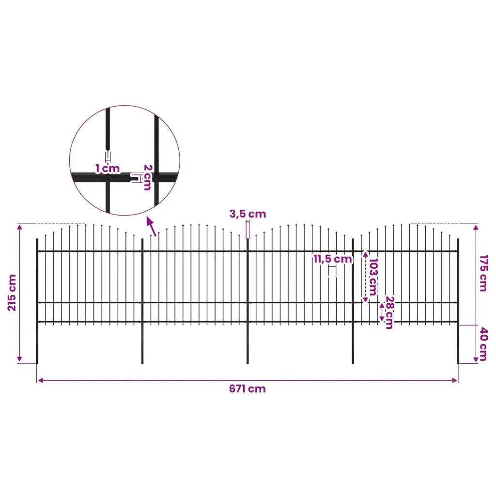 Recinzione da Giardino con Punta a Lancia in Acciaio 671x175 cm Nero 277742