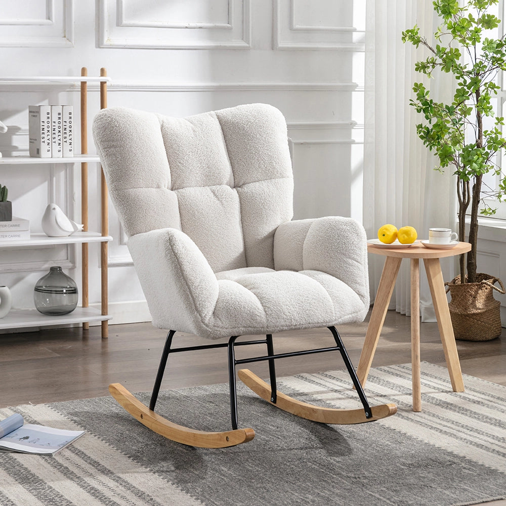 Poltrona a dondolo mid century in tessuto teddy - Xylo - Bianco - Rivestimento tuftato e seduta imbottita