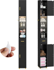 Mobile Bagno Salvaspazio con Luce, Colonna Bagno con Scomparti Aperti in Vetro, Ripiani Regolabili, 1 Cassetto e 1 Gancio Laterale per Spazi Ridotti 20 x 20 x 181 cm (4 Ripiani con Luce, Nero)