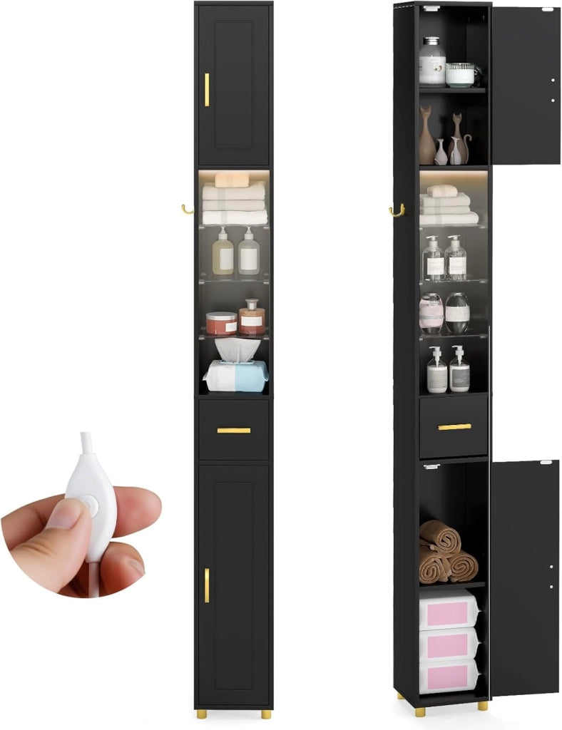 Mobile Bagno Salvaspazio con Luce, Colonna Bagno con Scomparti Aperti in Vetro, Ripiani Regolabili, 1 Cassetto e 1 Gancio Laterale per Spazi Ridotti 20 x 20 x 181 cm (4 Ripiani con Luce, Nero)