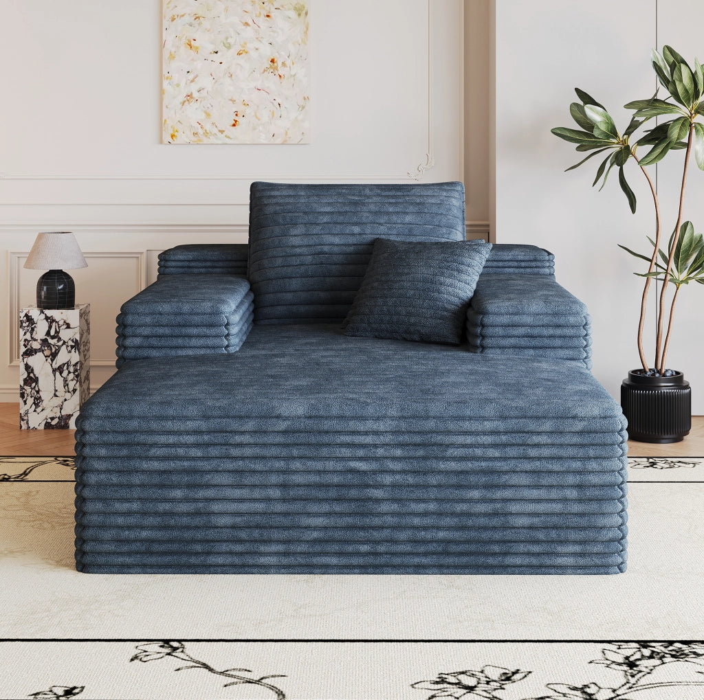 Divano con chaise longue in velluto a coste blu; schiuma ad alta elasticità