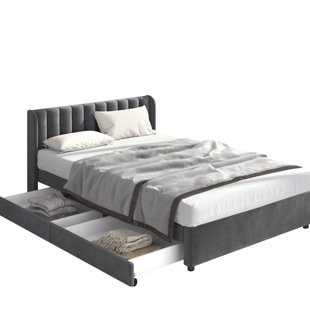Letto matrimoniale 160x200 cm; testiera alta con 2 cassetti; velluto grigio (Senza materasso)