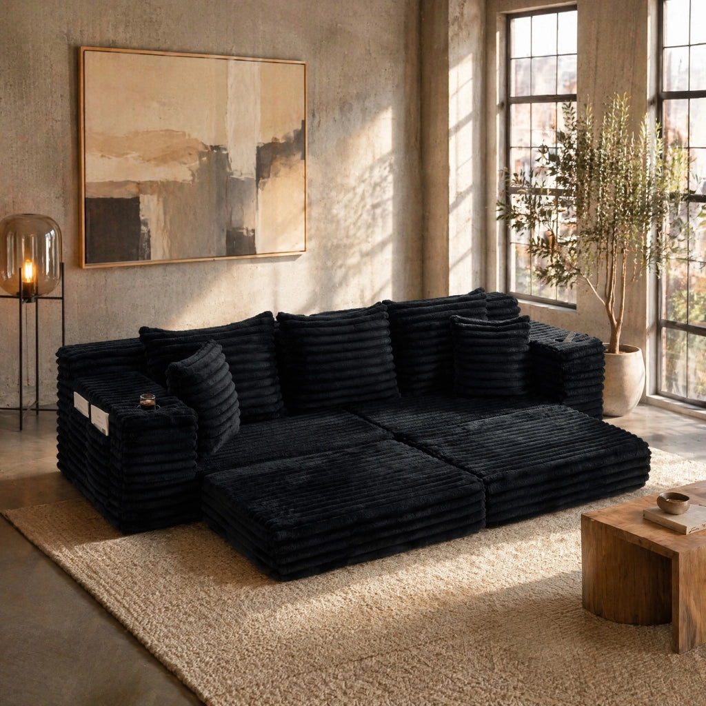 DIVANO LETTO 273x98x87 cm in velluto a coste nero, con tasche laterali e portabicchieri