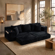 DIVANO LETTO 273x98x87 cm in velluto a coste nero, con tasche laterali e portabicchieri