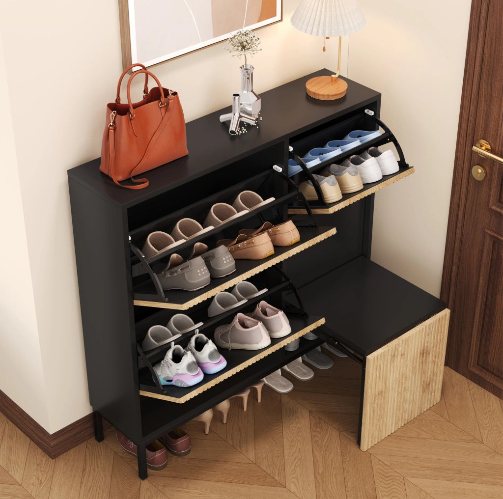Scarpiera con panca estraibile; 100x100x25 cm; MDF; nero e naturale
