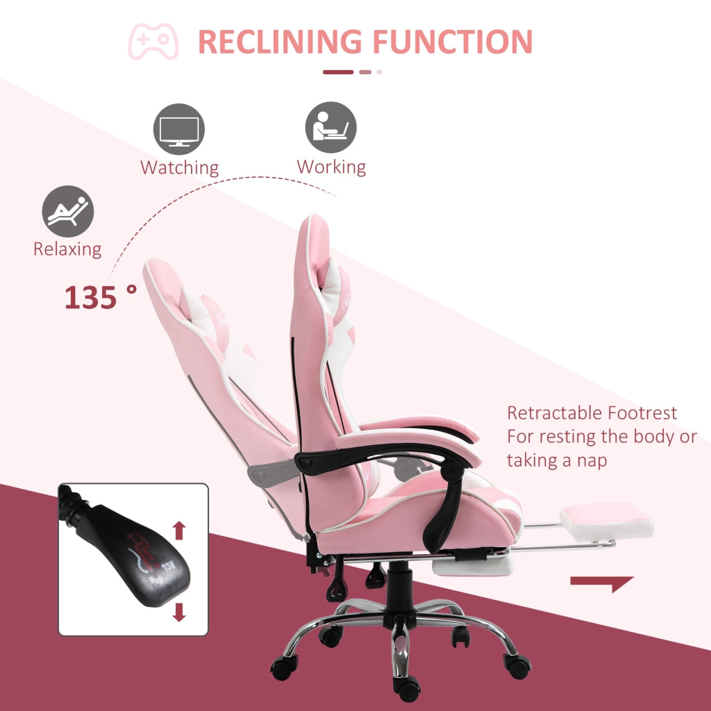 Sedia da gaming ergonomica con poggiapiedi, altezza regolabile e ruote girevoli 360°, in pelle sintetica rosa