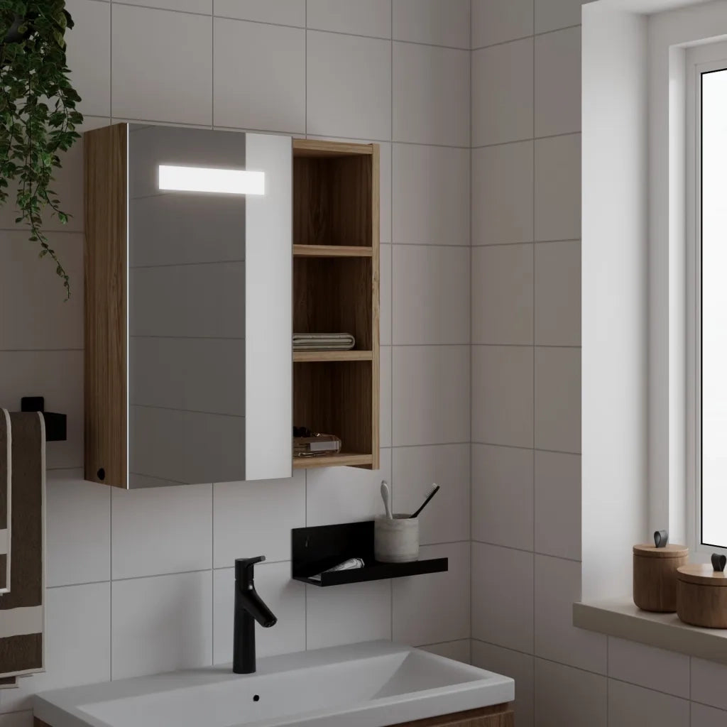 Armadietto Bagno | Armadio da bagno con Specchio e LED Rovere 45x13x52 cm