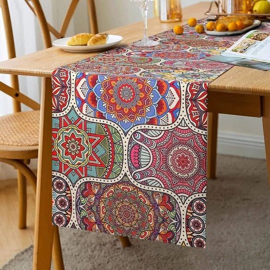 Disegno di tovaglia boho-stile - tovaglia boho con decorazione in pelle per commensali, tovaglia per ristoranti, matrimoni, tovaglie da tavola in lino cotone - 33 x 183 cm