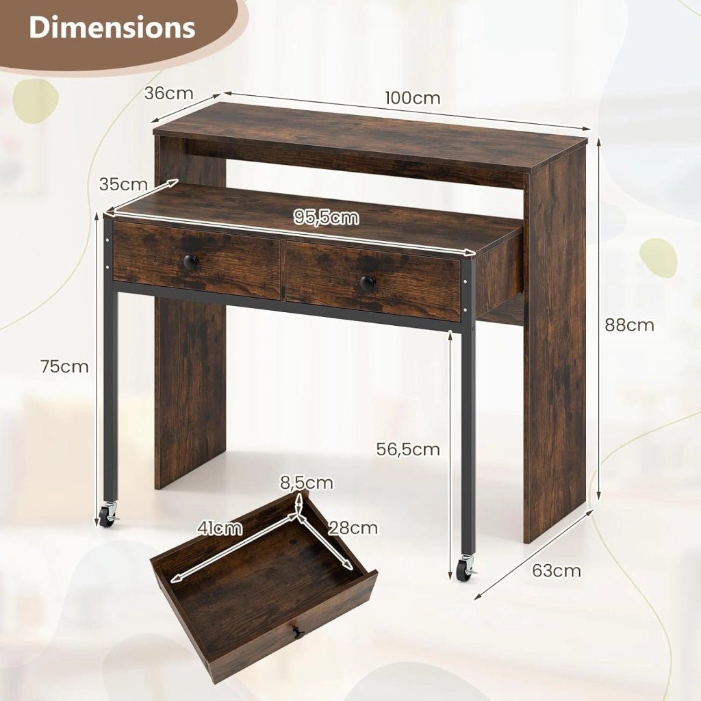 Scrivania per computer con piano estensibile, 100 x 63 x 88 cm, 2 cassetti e ripiano aperto, design compatto con ruote, tavolo da lavoro per camera da letto, ufficio (marrone)