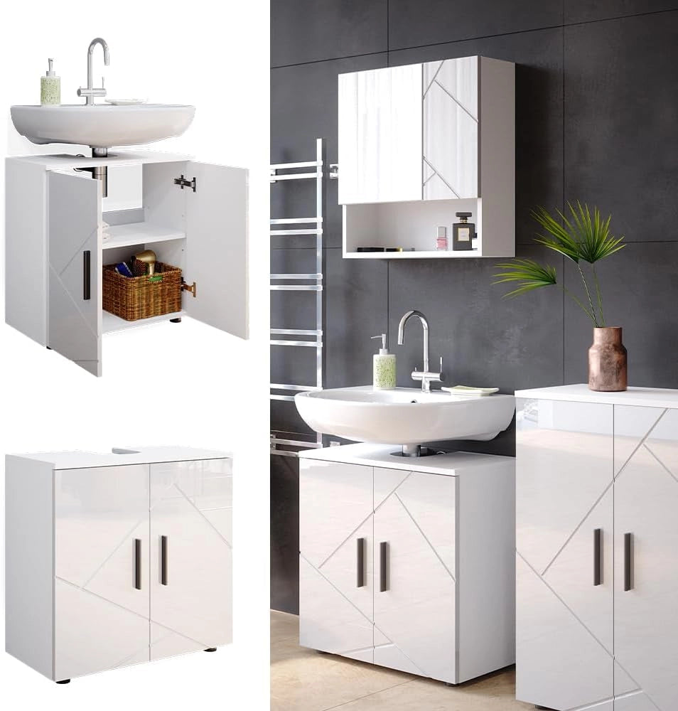 Mobile sottolavabo per bagno Irma, Bianco lucido, 60 x 59 cm, con ritaglio per sifone e ripiano interno per conservazione