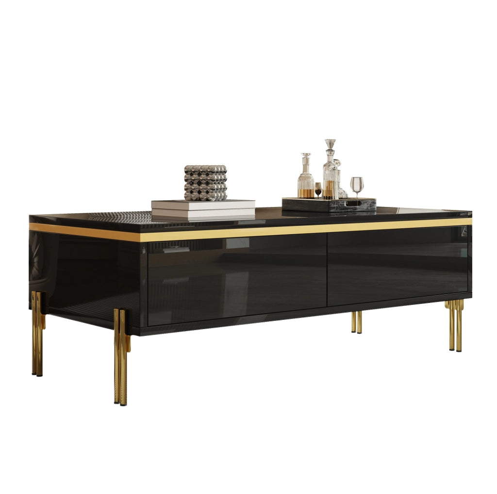 Tavolino da caffè 100x50x36 cm con doppio cassetto; finitura lucida; truciolare nero