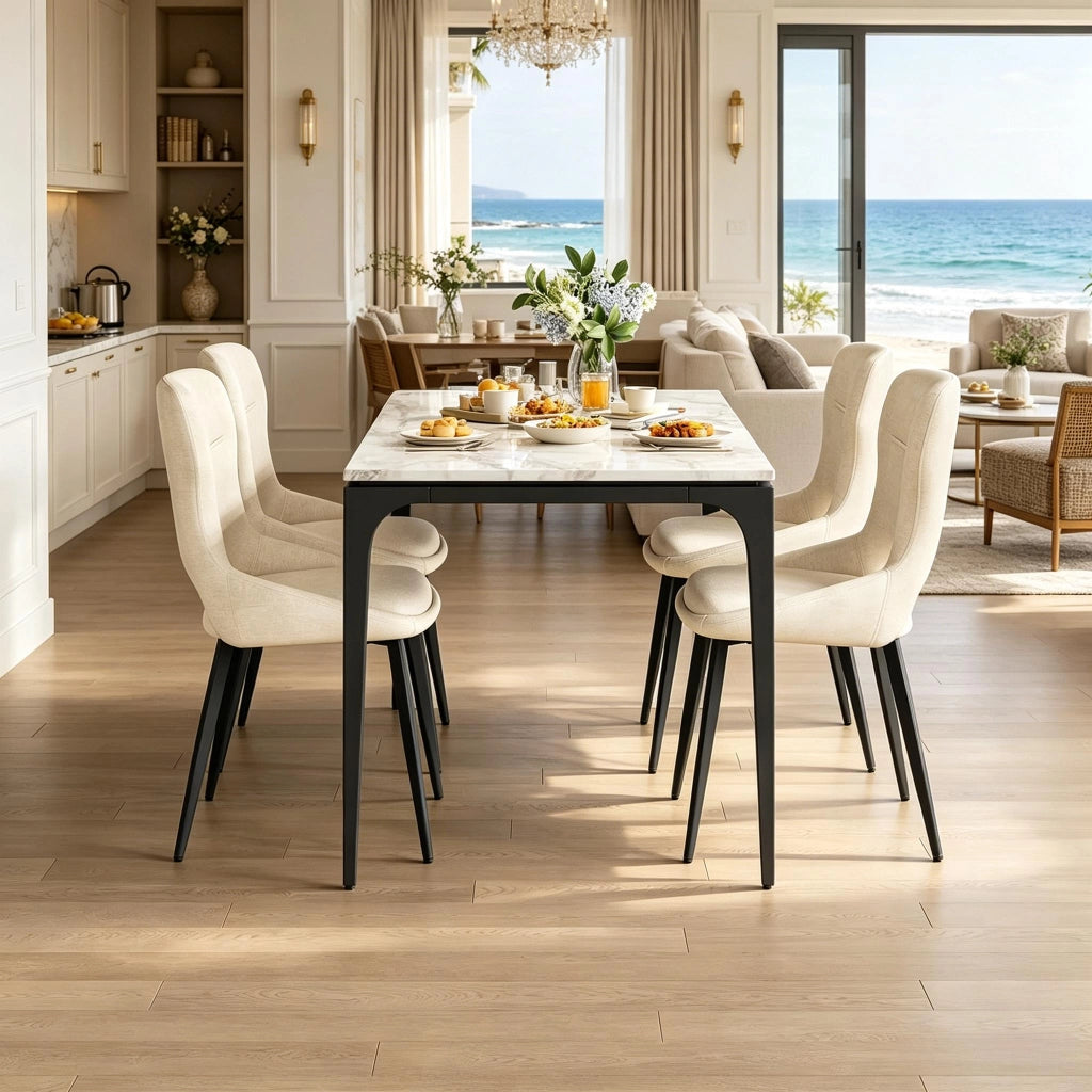 Sedia da Pranzo Set da 4 con Braccioli e Piedini Regolabili in Ciniglia Beige