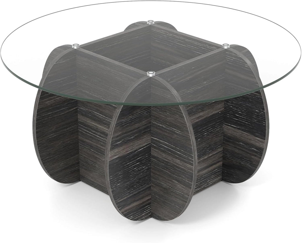 Tavolino da Salotto Rotondo con Piano in Vetro Temperato e Base in Legno Massello, Tavolino da Caffè Moderno con Scomparto Portaoggetti per Soggiorno, Studio e Ufficio, 89 x 89 x 46 cm