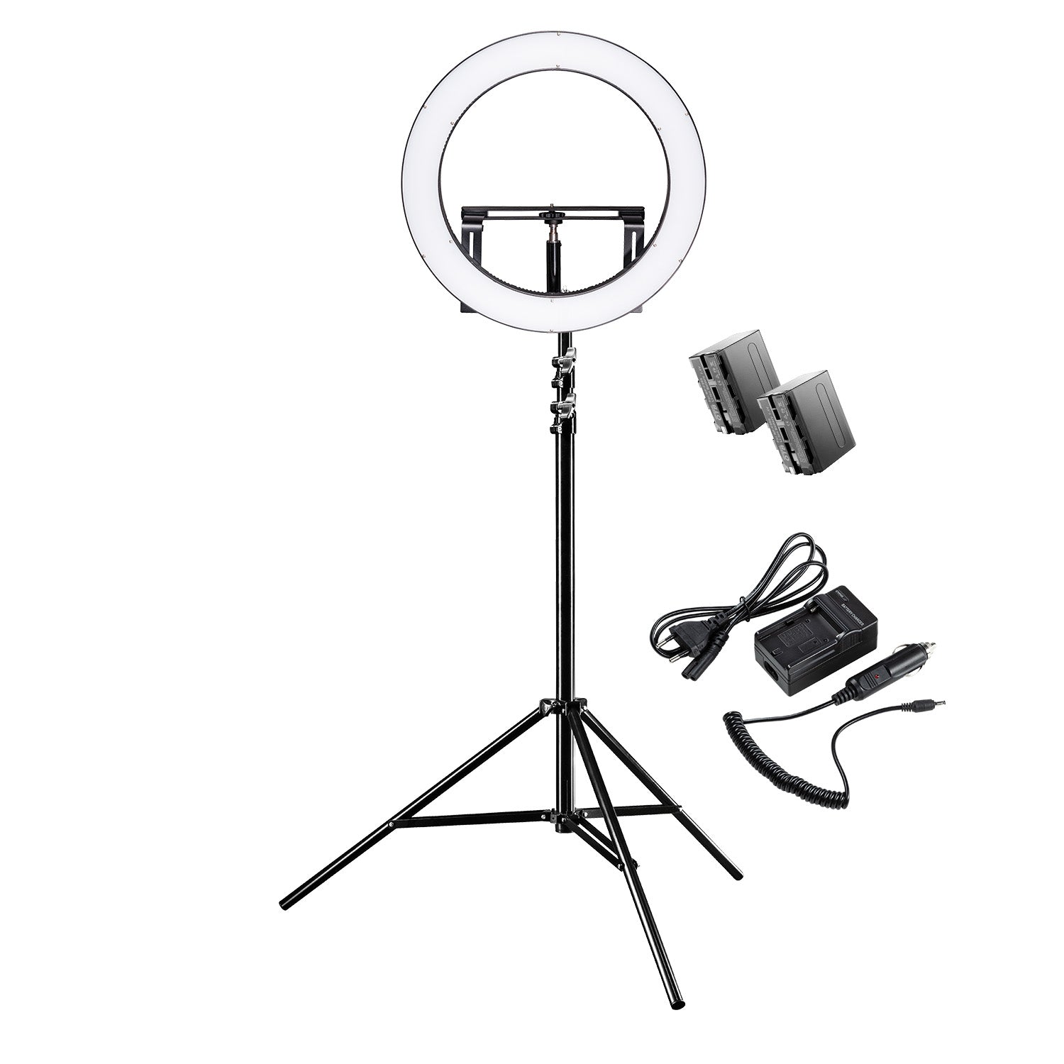 Ring light a LED 500 Bi-Color dimmerabile con treppiedi fotografico e 2 batterie ricaricabili Luce ad anello da 32W per foto e video con settori commutabili e accessori