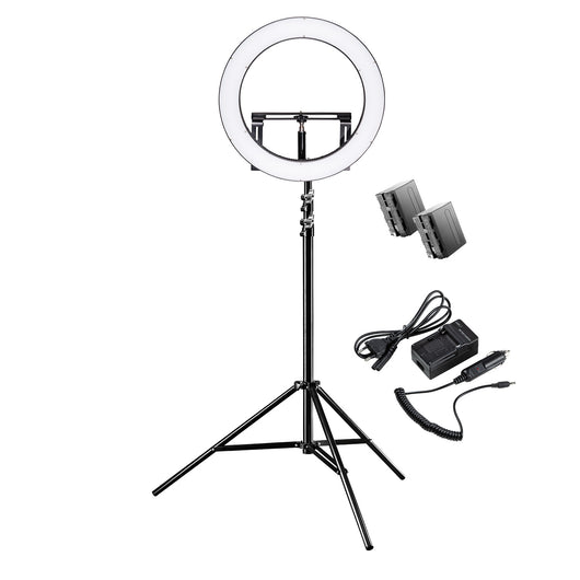 Ring light a LED 500 Bi-Color dimmerabile con treppiedi fotografico e 2 batterie ricaricabili Luce ad anello da 32W per foto e video con settori commutabili e accessori