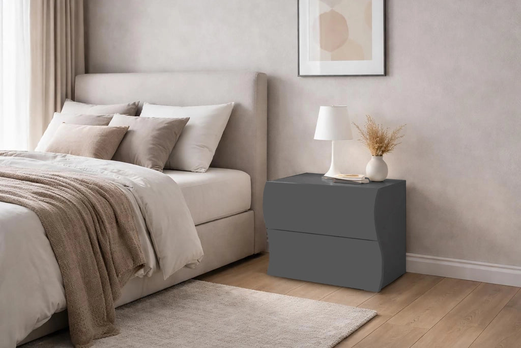 Comodino 2 Cassetti Onda 50x40x41,3 cm Finitura in Melamina Antracite Opaco