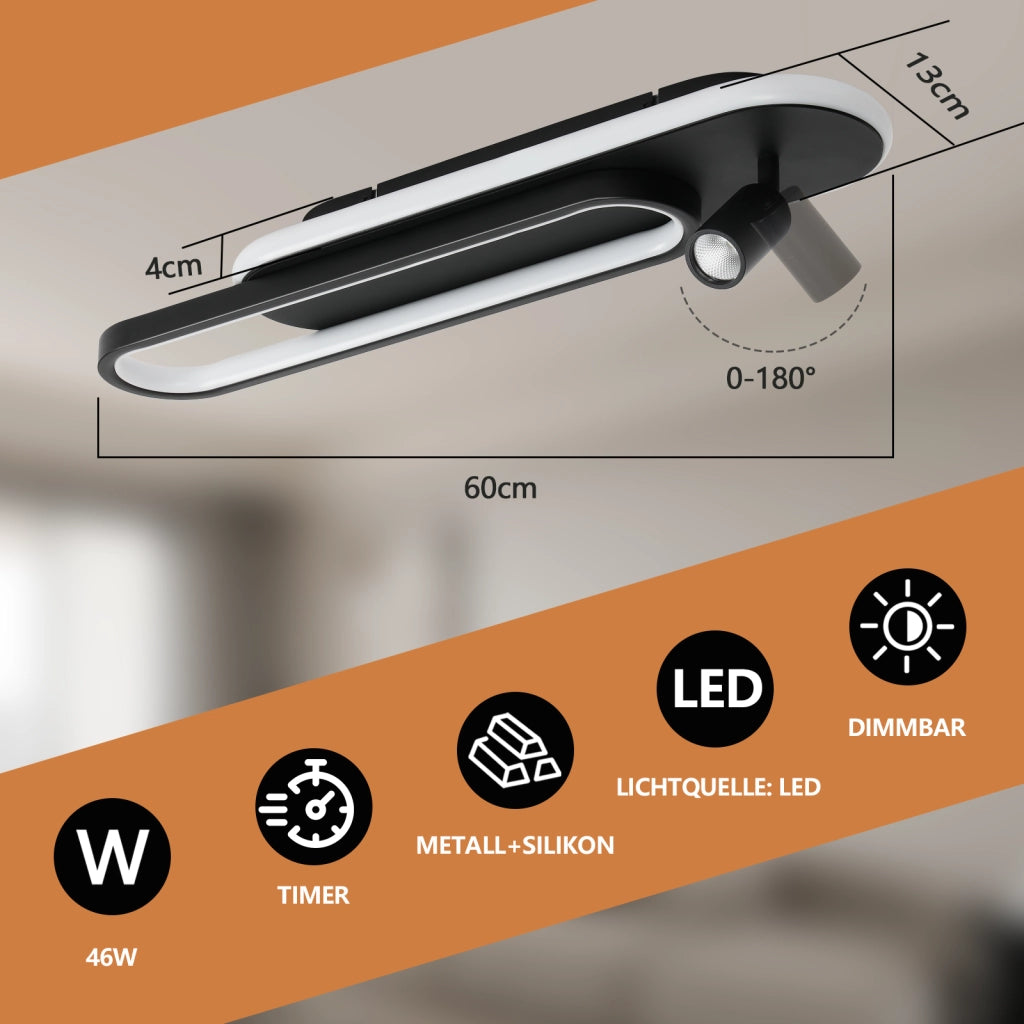 ZMH Lampada da soffitto plafoniera LED 46W nera dimmerabile con 1 faretto telecomando per soggiorno
