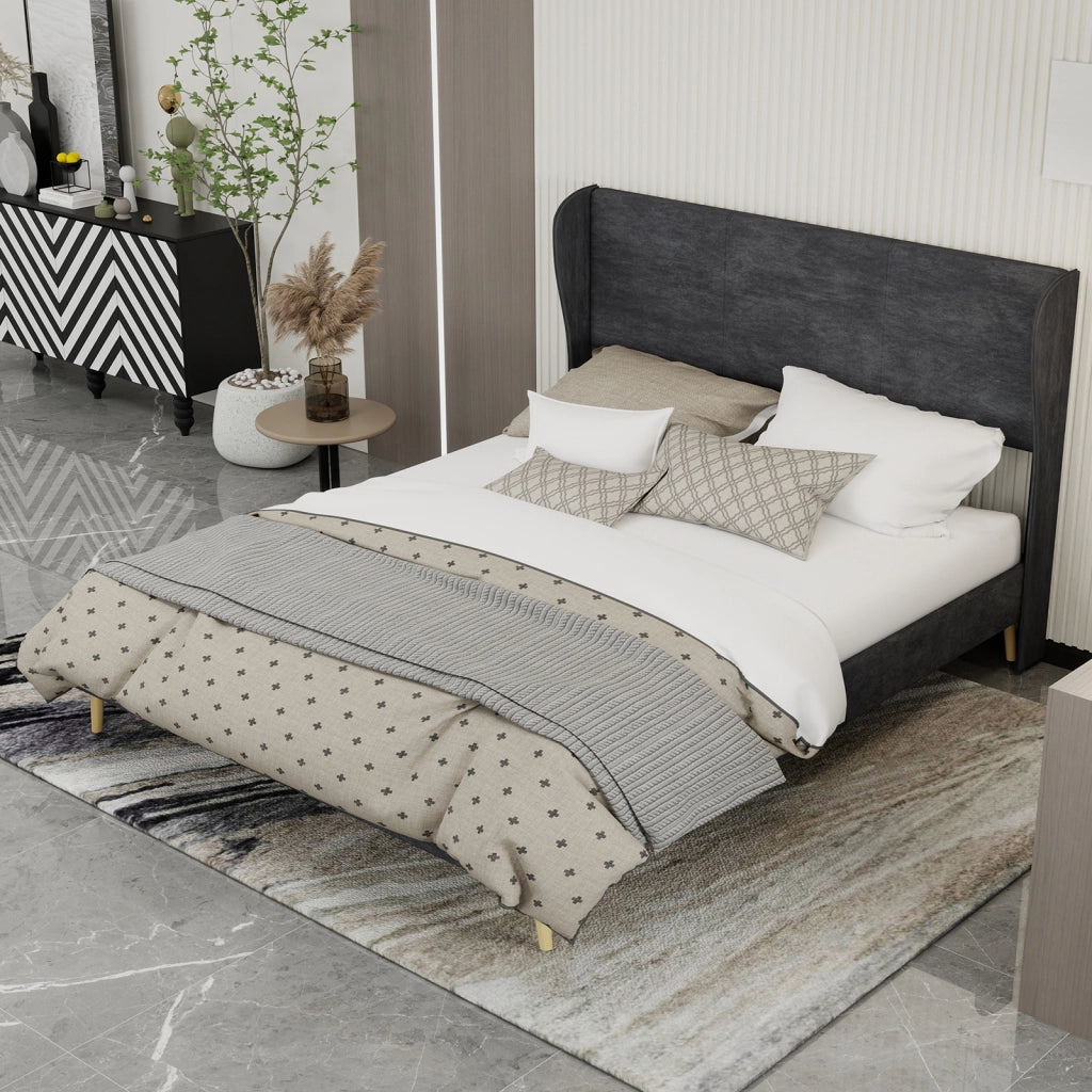 Letto Matrimoniale 160x200 cm con Testiera Imbottita in Tessuto e Metallo; Grigio