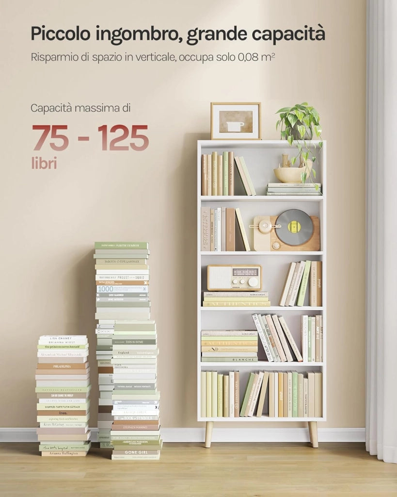 Libreria a 5 Ripiani, Scaffale Libreria da Terra Salvaspazio, Mobile Porta Libri in Legno Bianco Moderno, per Soggiorno, Camera da Letto, Studio, Ufficio, 60x24x144cm