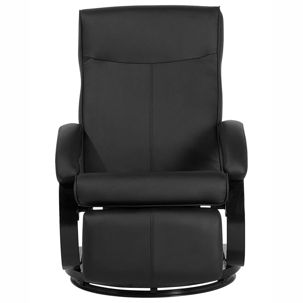 Poltrona reclinabile in ecopelle nera con schienale regolabile e base in legno poggiapiedi estraibile con schienale alto design moderno