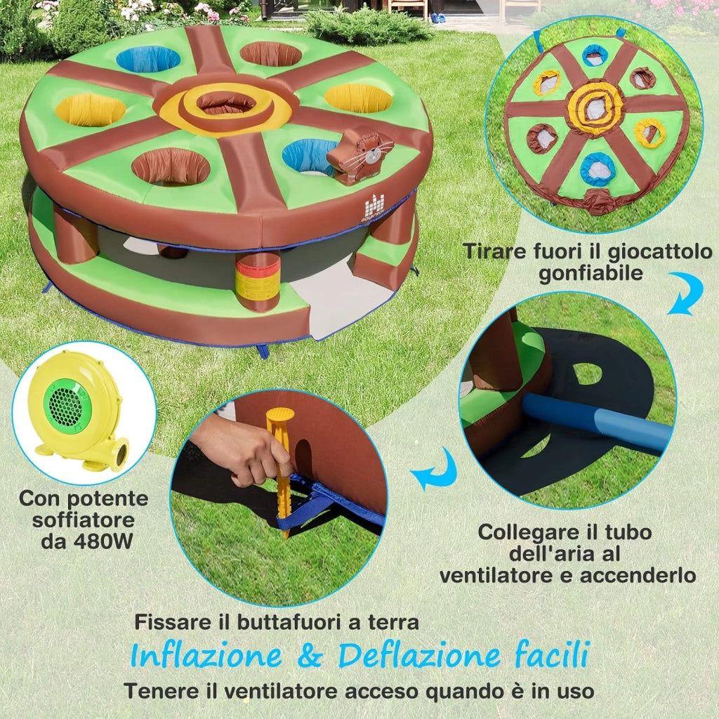Giocattolo Gonfiabile per Bambini con Acchiappa la Talpa, Castello Gonfiabile per Bambini con Soffiatore, Borsa di Trasporto e Kit di Riparazione, 3-10 anni, 256 x 256 x 120cm