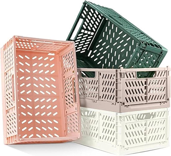 Scatole di Stoccaggio in Plastica Ripiegabili - Set di 4, Cestini Collapsabili per Cucina, Bagno, Ufficio, Camera (42 x 28,5 x 16,5 cm)
